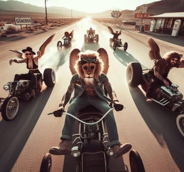 anthropomorhic lion characters gang in steampunk hot rods and tuned bikes burning rubber, wearing jeans and leather, gas station , desert road, comics illustration, mad max ai generated