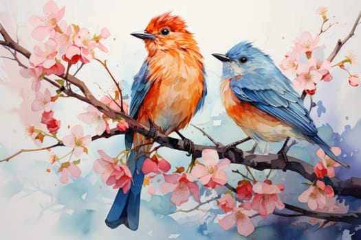 watercolor bird on flower branch on white. AI Generated