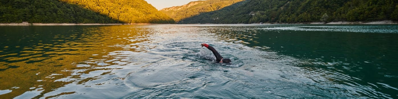 Triathlon athlete swimming on lake in sunrise wearing wetsuit. High quality photo