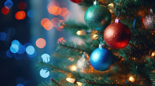 Christmas and New Years Eve background. Holiday background with Christmas baubles on fir tree with highlights and soft bokeh background. Template with text area for designing posters, web banners etc