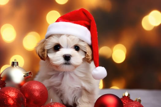 Adorable dog wearing Santa hats at room decorated for Christmas comeliness