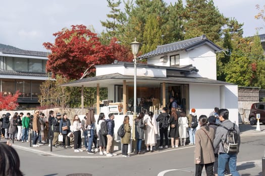 KYOTO,JAPAN NOV 30, 2023 : Exterior design and front facade decoration at 'ARABICA' local specialty coffee cafe along Arashiyama bamboo grove and natural lake.