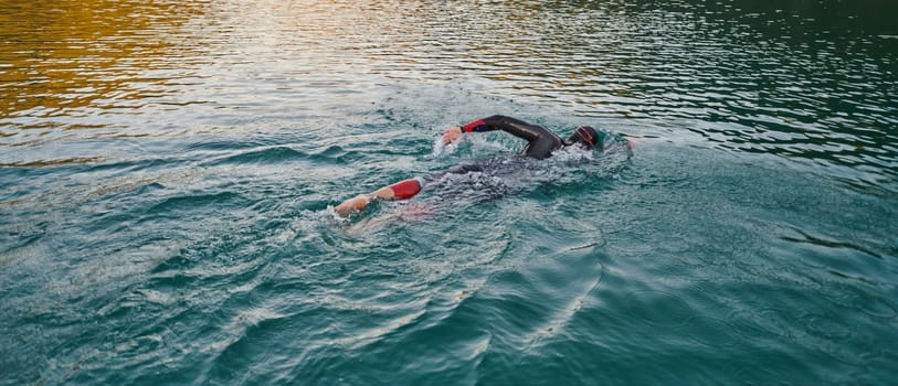 Triathlon athlete swimming on lake in sunrise wearing wetsuit. High quality photo