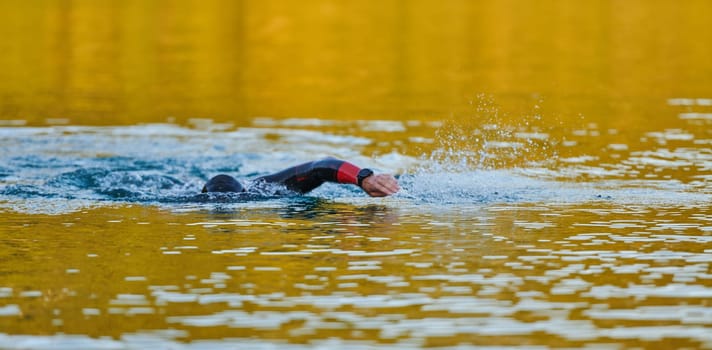 Triathlon athlete swimming on lake in sunrise wearing wetsuit. High quality photo