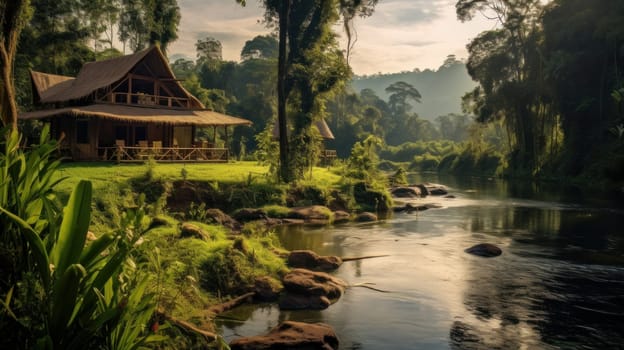 Cozy autonomous eco-house in a summer forest near the river. The concept of caring for the environment and relaxation away from the city