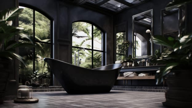 Cozy bathroom in black in an autonomous eco-house in a summer forest, view from the inside. The concept of caring for the environment and relaxing away from the city.