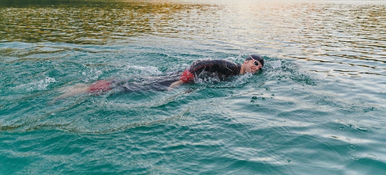 A professional triathlete trains with unwavering dedication for an upcoming competition at a lake, emanating a sense of athleticism and profound commitment to excellence