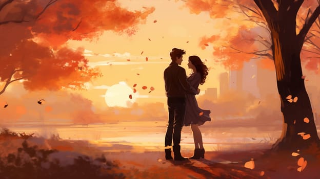 Silhouette of a young couple, deeply in love, tenderly hugging and caressing each other in an autumn park. Romantic scene. Illustration for cover, interior design. AI generativ.