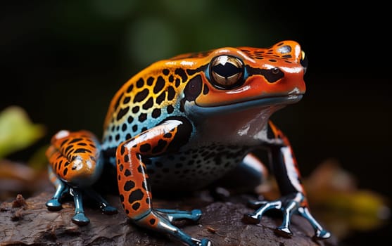 Macro lens portrait of a vibrant cobalt blue and orange poison dart frog, ultra-high detailed, background subtropical lowland forest, dynamic composition and dramatic lighting. AI generative.