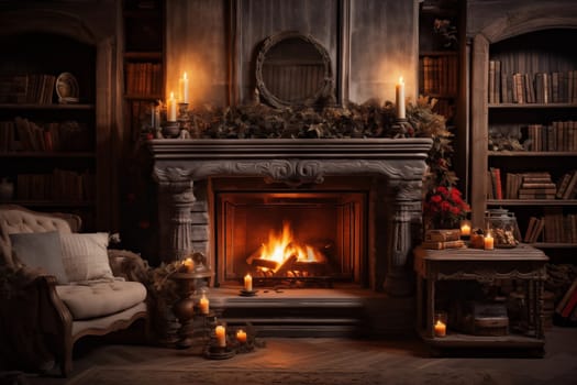 Inviting living space with fireplace and cozy atmosphere for ultimate comfort. Illustration for cover, interior design. AI generative.