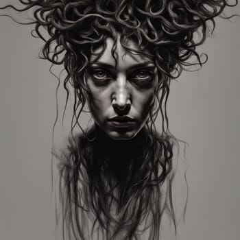 AI generated portrait of a Medusa in monochrome against a white background.