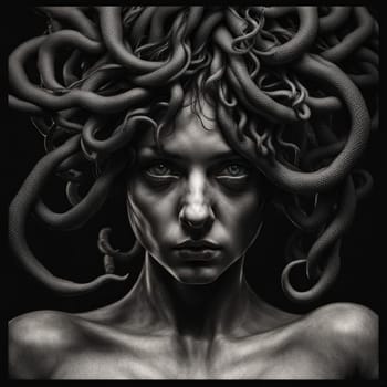 AI generated portrait of a Medusa in monochrome against a white background.