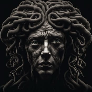 AI generated portrait of a Medusa in monochrome against a white background.