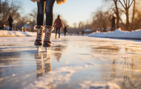 Ice skating outdoors in winter. Brown skates on the public close up. Generation Ai