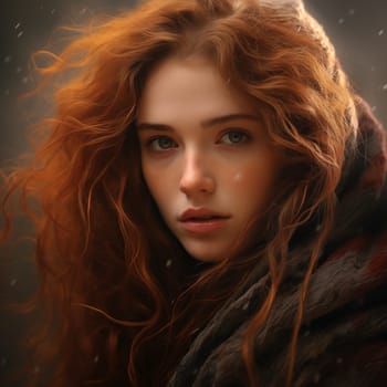 A large portrait of a beautiful red-haired woman with long hair. Generation Ai