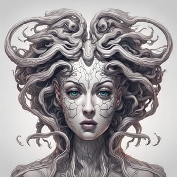 AI generated portrait of a Medusa in monochrome against a white background.