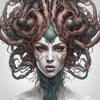 AI generated portrait of a Medusa in monochrome against a white background.