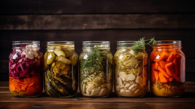 Marinated pickles variety preserving jars. Homemade green beans, squash, cauliflower, carrots, red chili peppers pickles. Fermented food. AI generative.