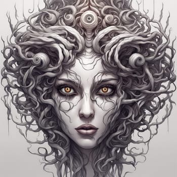 AI generated portrait of a Medusa in monochrome against a white background.