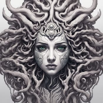 AI generated portrait of a Medusa in monochrome against a white background.