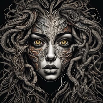 AI generated portrait of a Medusa in monochrome against a white background.