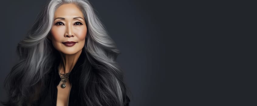 Smiling, elderly, gorgeous Asian woman gray long hair and perfect skin, on silver background, banner. Advertising of cosmetic products, spa treatments, shampoos and hair care products, dentistry and medicine, perfumes and cosmetology for senior women