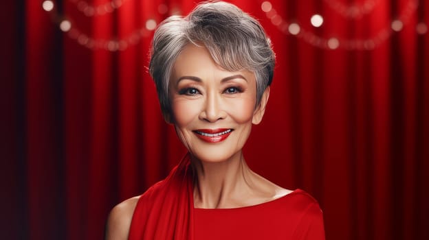 Elegant, smiling, elderly, chic Asian woman with gray hair and perfect skin on a red background banner. Advertising of cosmetic products, spa treatments, shampoos and hair care products, dentistry and medicine, perfumes and cosmetology for women