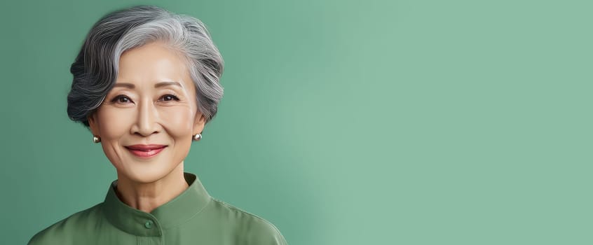 Elegant, smiling, elderly, chic Asian woman gray hair and perfect skin on a light green background banner. Advertising of cosmetic products, spa treatments, shampoos and hair care products, dentistry and medicine, perfumes and cosmetology for women