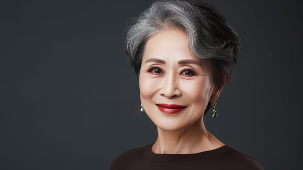 Elegant, smiling, elderly, chic Asian woman with gray hair and perfect skin on a gray background banner. Advertising of cosmetic products, spa treatments, shampoos and hair care products, dentistry and medicine, perfumes and cosmetology for women