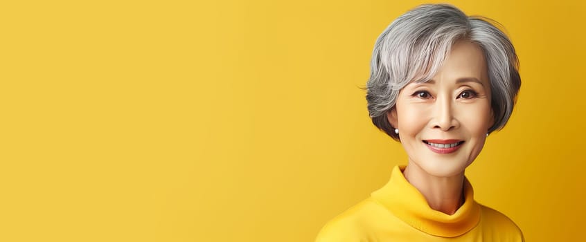 Elegant, smiling, elderly, chic Asian woman with gray hair and perfect skin on a yellow background banner. Advertising of cosmetic products, spa treatments, shampoos and hair care products, dentistry and medicine, perfumes and cosmetology for women