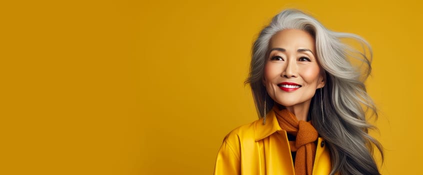 Smiling, elderly, chic Asian woman with gray long hair and perfect skin, a yellow background, banner. Advertising of cosmetic products, spa treatments, shampoos and hair care products, dentistry and medicine, perfumes and cosmetology for senior women
