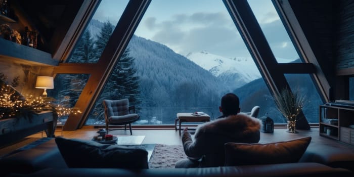 Traveler enjoying weekends inside contemporary barn house in the mountains. Happy tourist looking through panoramic windows in new cottage. comeliness