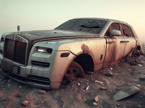 Crashed abandoned rusty expensive luxurious atmospheric 4 door powerful as circulation banned for co2 emission 2030 agenda dystopian concept ai generated