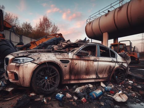 Crashed abandoned rusty expensive luxurious atmospheric 4 door powerful as circulation banned for co2 emission 2030 agenda dystopian concept ai generated