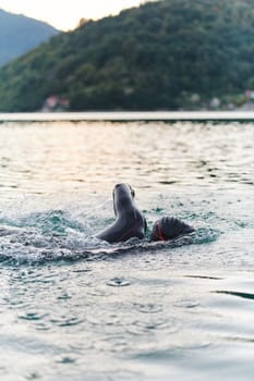 A professional triathlete trains with unwavering dedication for an upcoming competition at a lake, emanating a sense of athleticism and profound commitment to excellence