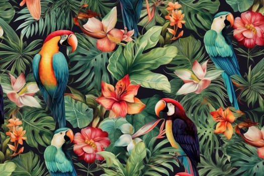 Tropical exotic pattern with animal and flowers in bright colors and lush vegetation. Ai Generative