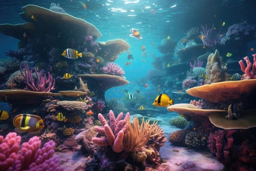 Tropical sea underwater fishes on coral reef. Aquarium oceanarium wildlife colorful marine panorama landscape nature snorkel diving. AI Generative