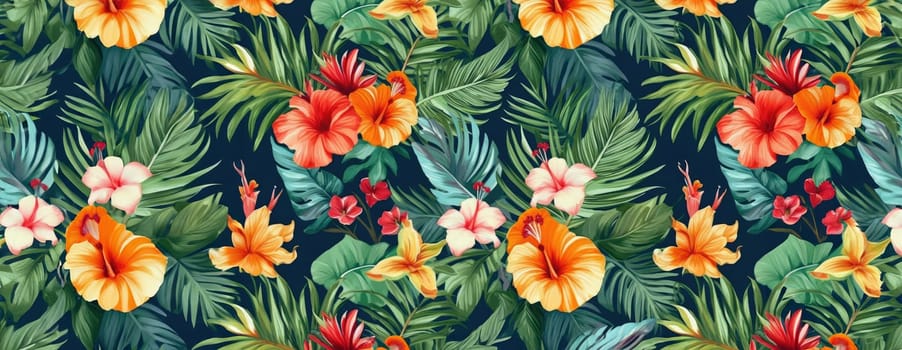 Tropical exotic pattern with animal and flowers in bright colors and lush vegetation. Ai Generative