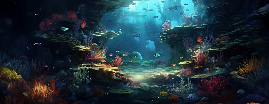 Tropical sea underwater fishes on coral reef. Aquarium oceanarium wildlife colorful marine panorama landscape nature snorkel diving. AI Generative