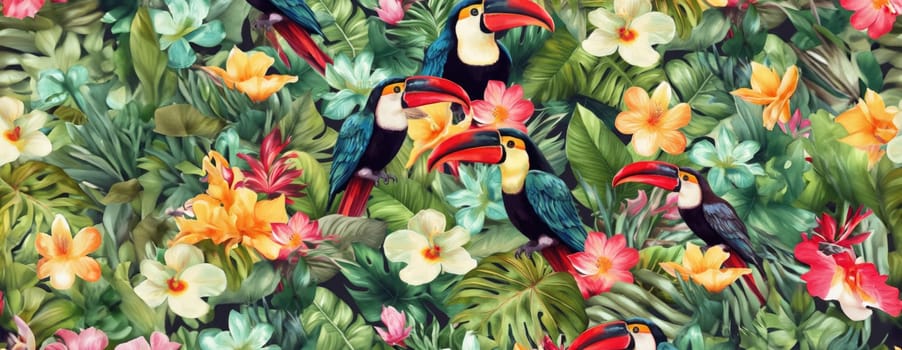 Tropical exotic pattern with animal and flowers in bright colors and lush vegetation. Ai Generative