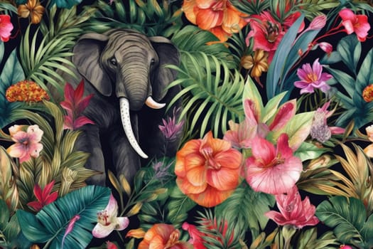 Tropical exotic pattern with animal and flowers in bright colors and lush vegetation. Ai Generative