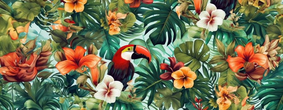 Tropical exotic pattern with animal and flowers in bright colors and lush vegetation. Ai Generative