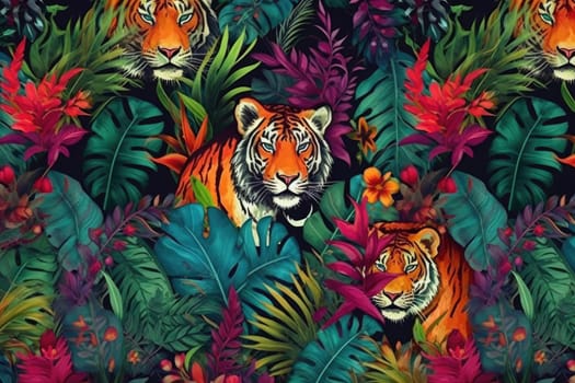 Tropical exotic pattern with animal and flowers in bright colors and lush vegetation. Ai Generative