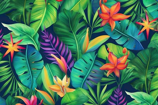 Tropical exotic pattern with animal and flowers in bright colors and lush vegetation. Ai Generative