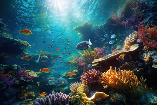 Tropical sea underwater fishes on coral reef. Aquarium oceanarium wildlife colorful marine panorama landscape nature snorkel diving. AI Generative