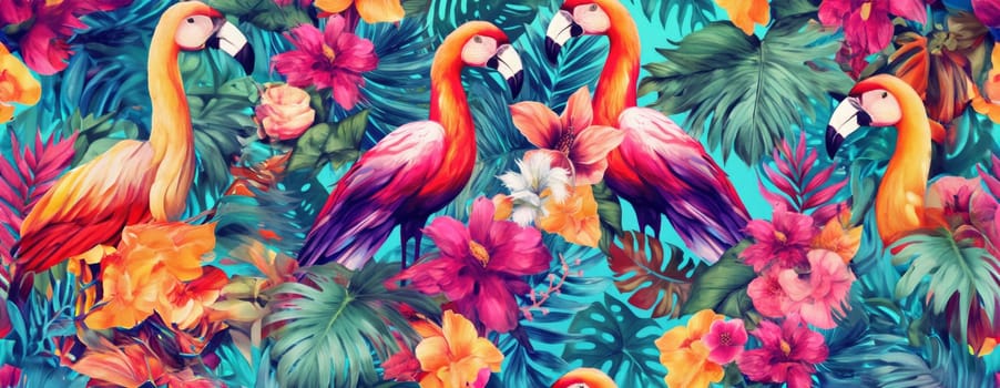 Tropical exotic pattern with animal and flowers in bright colors and lush vegetation. Ai Generative