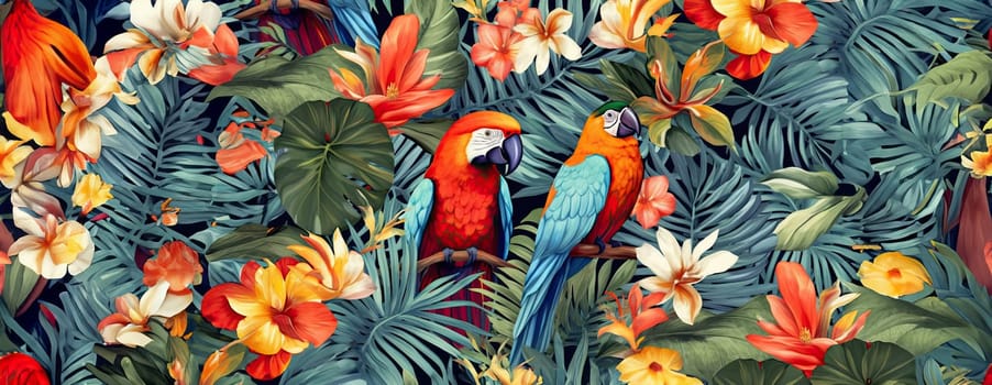 Tropical exotic pattern with animal and flowers in bright colors and lush vegetation. Ai Generative