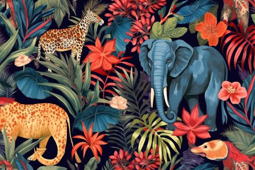 Tropical exotic pattern with animal and flowers in bright colors and lush vegetation. Ai Generative