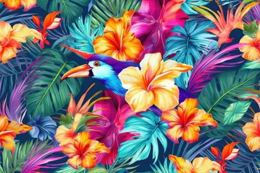 Tropical exotic pattern with animal and flowers in bright colors and lush vegetation. Ai Generative