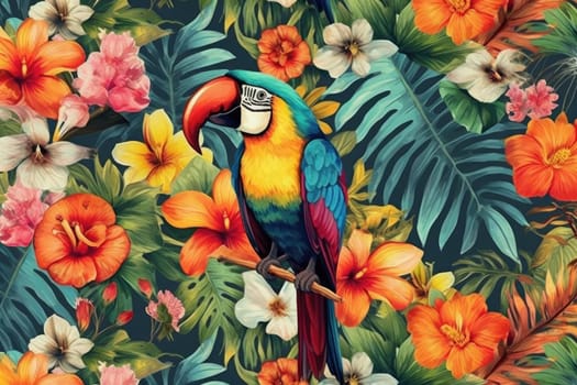 Tropical exotic pattern with animal and flowers in bright colors and lush vegetation. Ai Generative